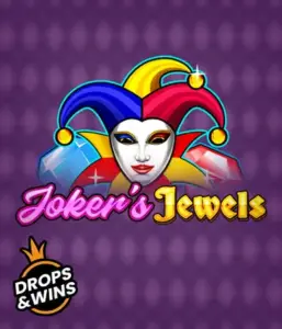 Discover the playful world of the Joker's Jewels game by Pragmatic Play, highlighting a charming joker's mask decorated with a brightly colored jester hat. This graphic conveys the joyful spirit of traditional joker games, set against a deep purple background. Ideal for those who love classic slot games, delivering a thrilling gaming experience. 